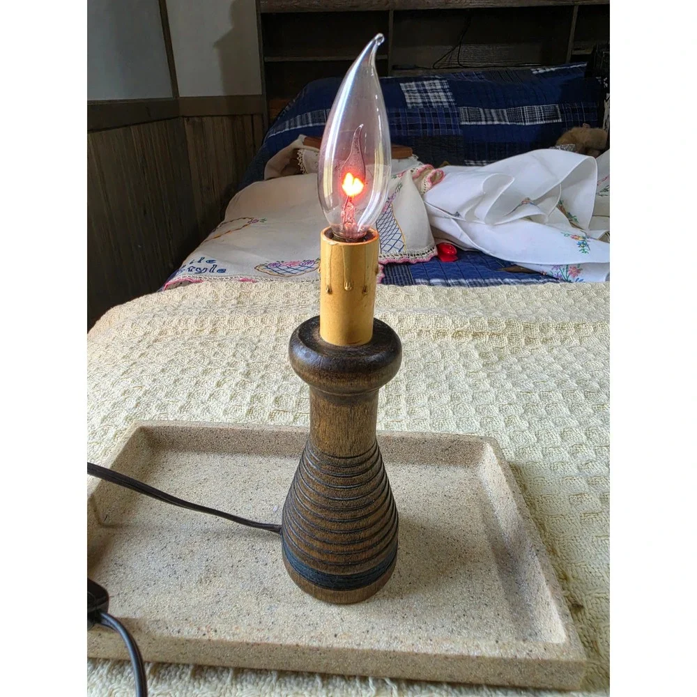 Vintage Ribbed Wood Electric Candle Lamp Flickering Flame Bulb Brown 9 Inch